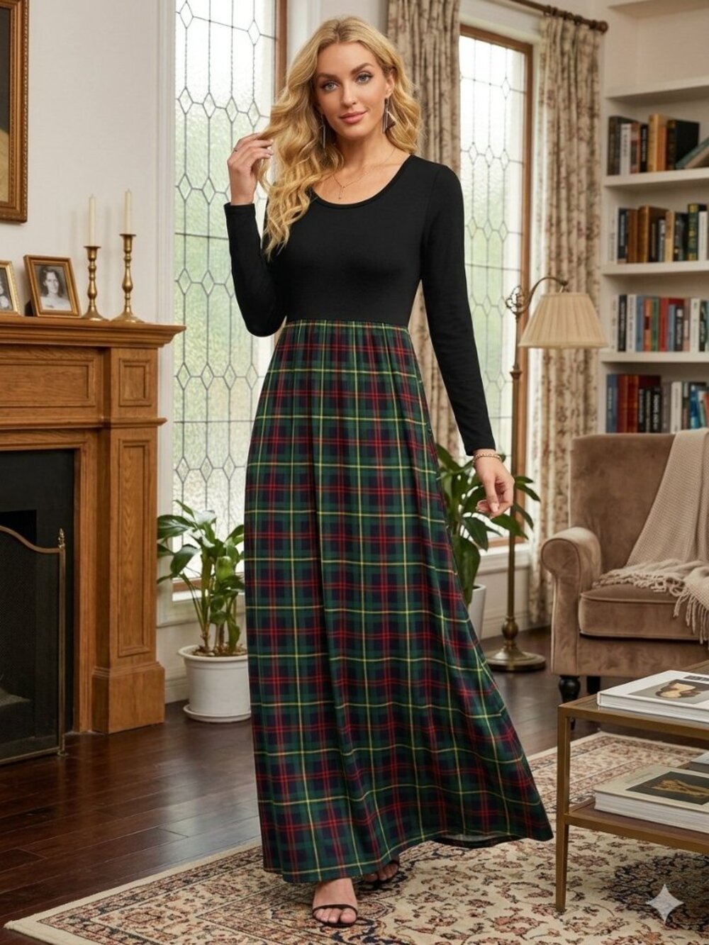 Boho Floral Fall Maxi Dress Green Plaid Long Sleeve Empire Waist with Pockets